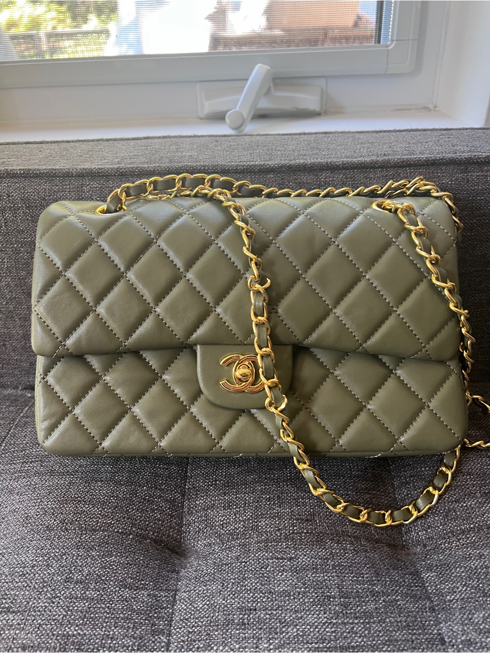Classic Quilted Double Flap Bag in Olive Green with Gold Hardware